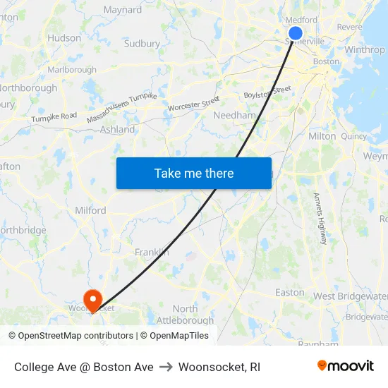 College Ave @ Boston Ave to Woonsocket, RI map