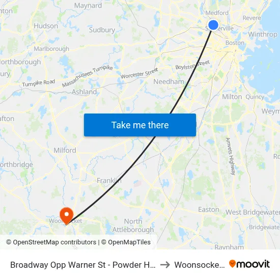 Broadway Opp Warner St - Powder House Sq to Woonsocket, RI map