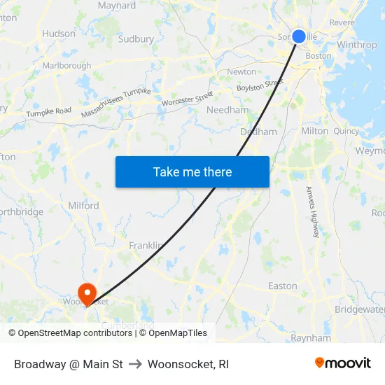 Broadway @ Main St to Woonsocket, RI map