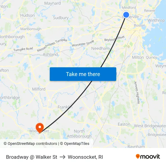 Broadway @ Walker St to Woonsocket, RI map