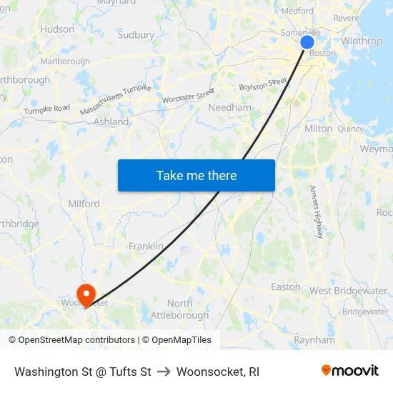 Washington St @ Tufts St to Woonsocket, RI map