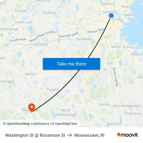 Washington St @ Rossmore St to Woonsocket, RI map