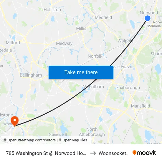 785 Washington St @ Norwood Hospital to Woonsocket, RI map
