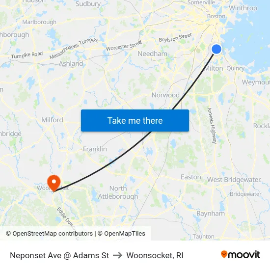 Neponset Ave @ Adams St to Woonsocket, RI map