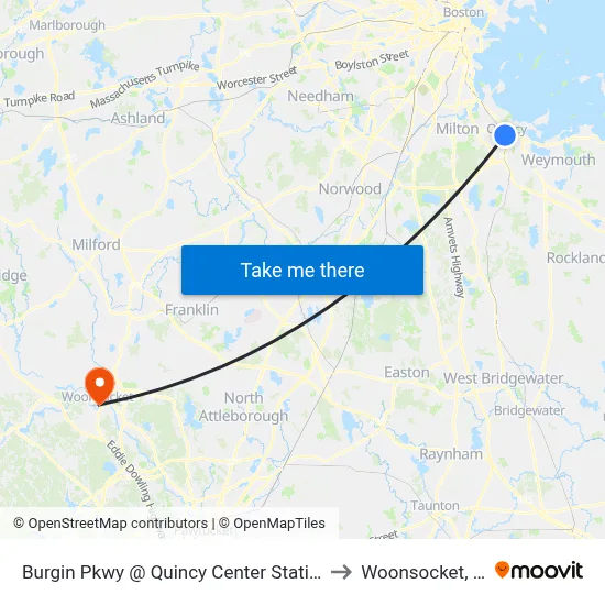 Burgin Pkwy @ Quincy Center Station to Woonsocket, RI map