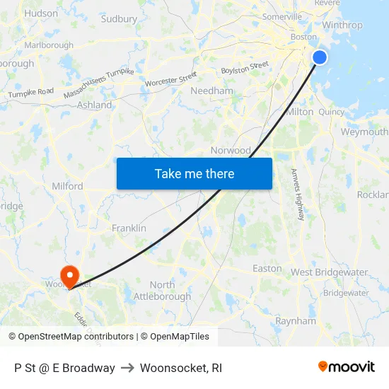 P St @ E Broadway to Woonsocket, RI map