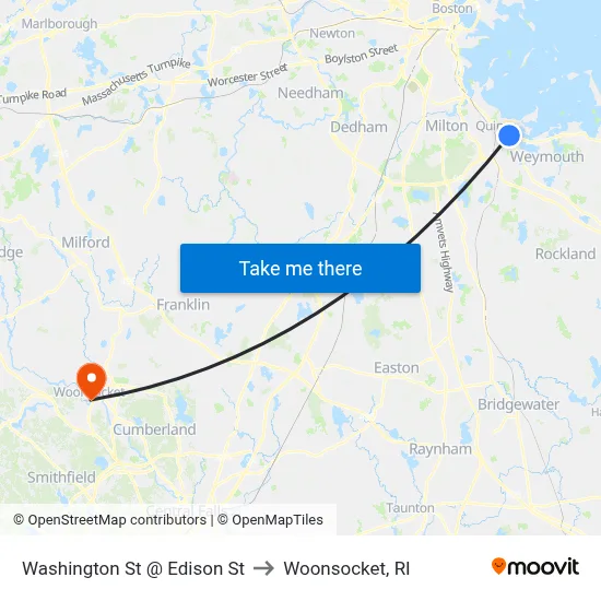 Washington St @ Edison St to Woonsocket, RI map