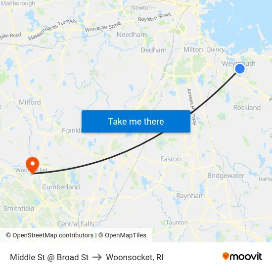 Middle St @ Broad St to Woonsocket, RI map