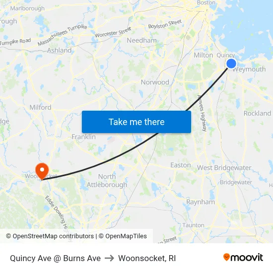 Quincy Ave @ Burns Ave to Woonsocket, RI map