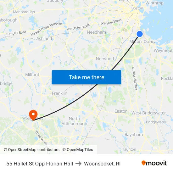 55 Hallet St Opp Florian Hall to Woonsocket, RI map