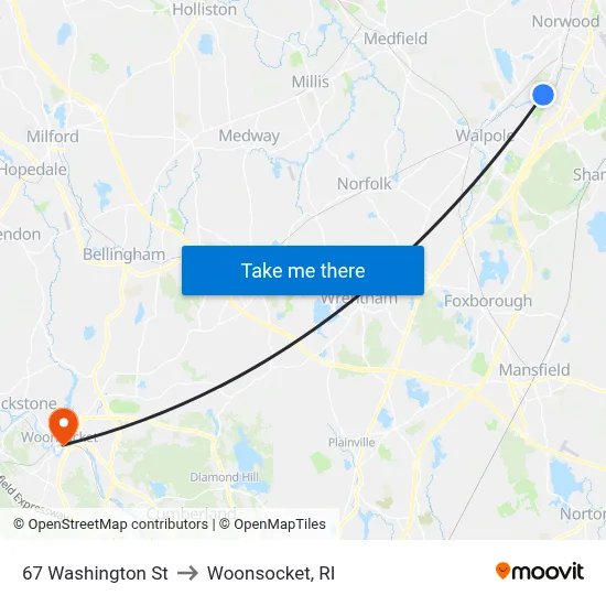 67 Washington St to Woonsocket, RI map