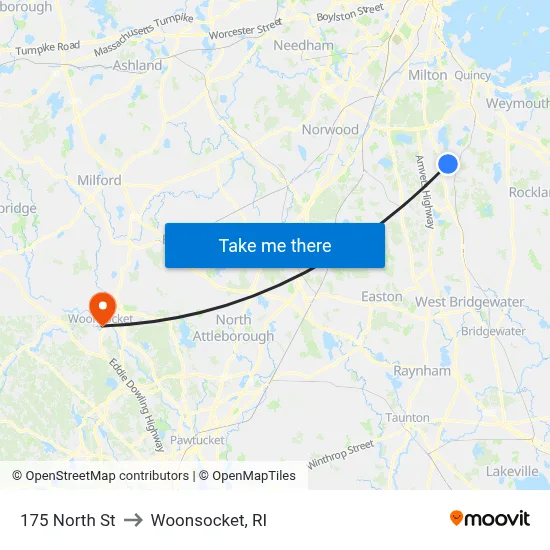 175 North St to Woonsocket, RI map