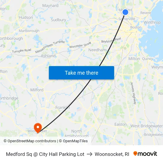 Medford Sq @ City Hall Parking Lot to Woonsocket, RI map