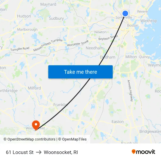 61 Locust St to Woonsocket, RI map