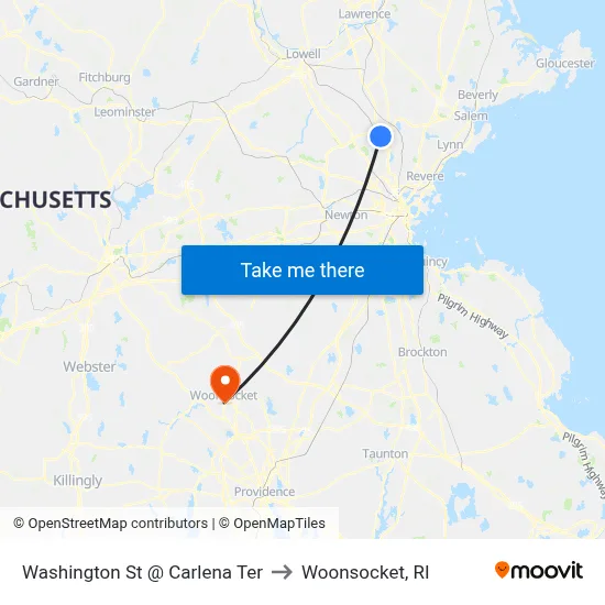 Washington St @ Carlena Ter to Woonsocket, RI map