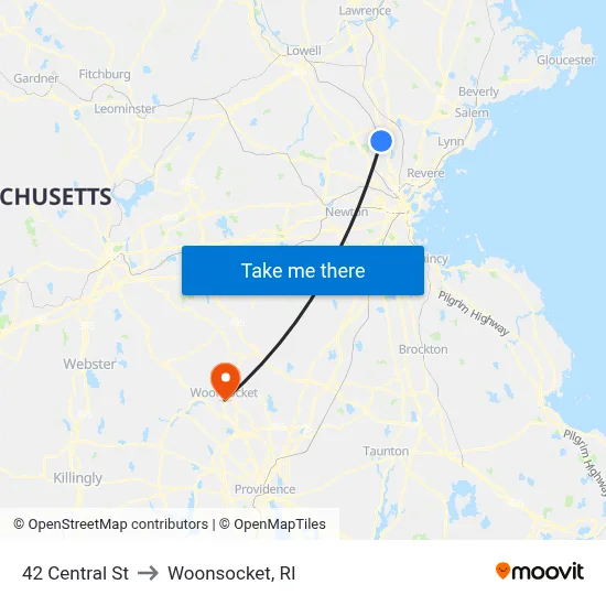 42 Central St to Woonsocket, RI map