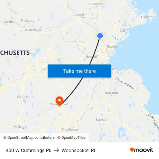 400 W Cummings Pk to Woonsocket, RI map