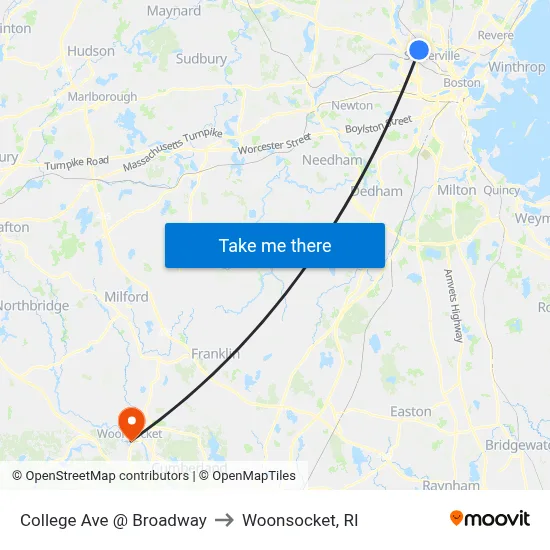 College Ave @ Broadway to Woonsocket, RI map