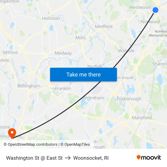 Washington St @ East St to Woonsocket, RI map