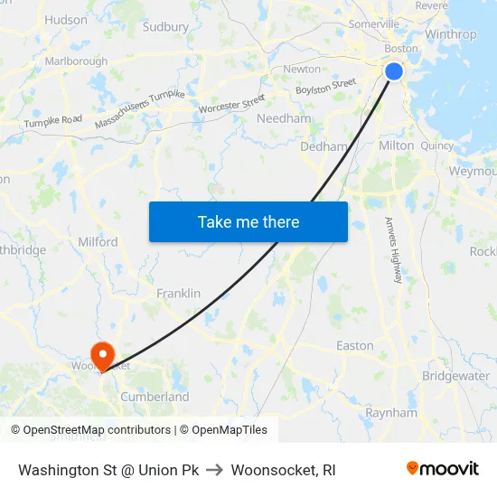 Washington St @ Union Pk to Woonsocket, RI map