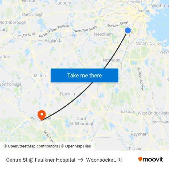 Centre St @ Faulkner Hospital to Woonsocket, RI map