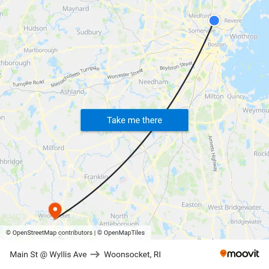 Main St @ Wyllis Ave to Woonsocket, RI map