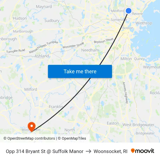 Opp 314 Bryant St @ Suffolk Manor to Woonsocket, RI map