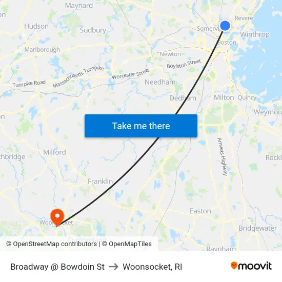 Broadway @ Bowdoin St to Woonsocket, RI map