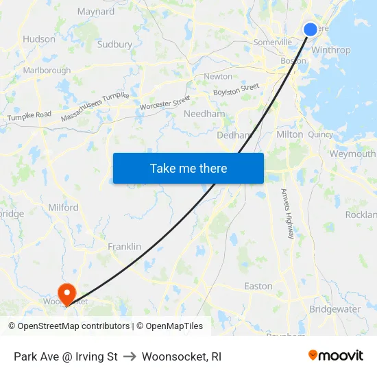 Park Ave @ Irving St to Woonsocket, RI map