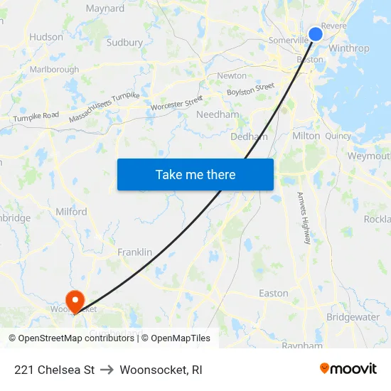 221 Chelsea St to Woonsocket, RI map