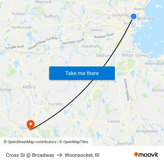 Cross St @ Broadway to Woonsocket, RI map