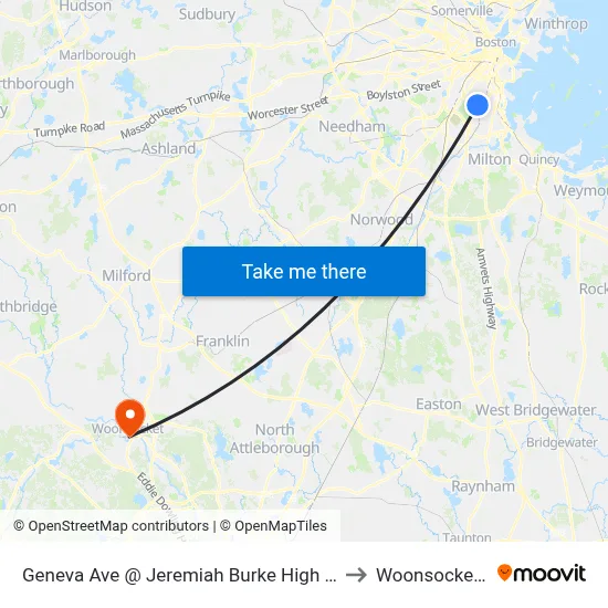 Geneva Ave @ Jeremiah Burke High School to Woonsocket, RI map
