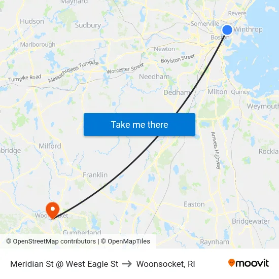 Meridian St @ West Eagle St to Woonsocket, RI map