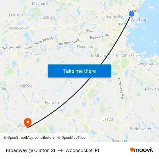 Broadway @ Clinton St to Woonsocket, RI map