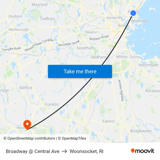 Broadway @ Central Ave to Woonsocket, RI map