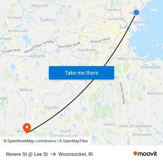 Revere St @ Lee St to Woonsocket, RI map