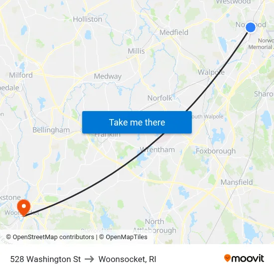 528 Washington St to Woonsocket, RI map