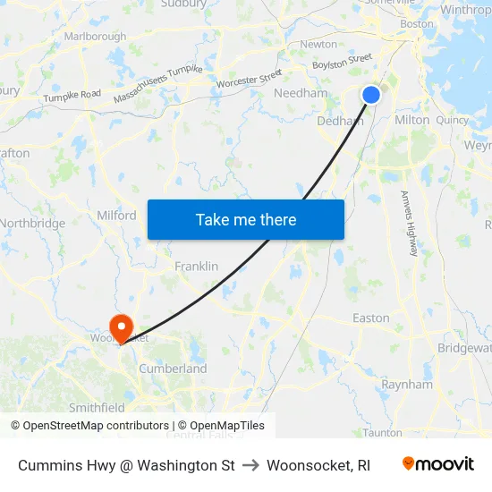 Cummins Hwy @ Washington St to Woonsocket, RI map
