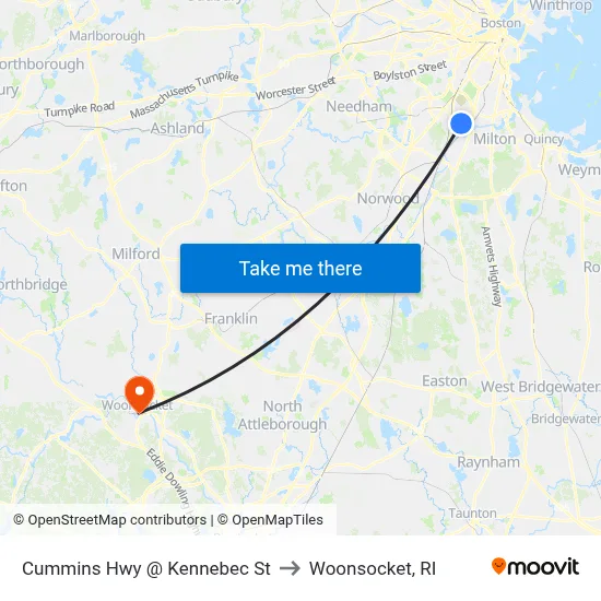 Cummins Hwy @ Kennebec St to Woonsocket, RI map