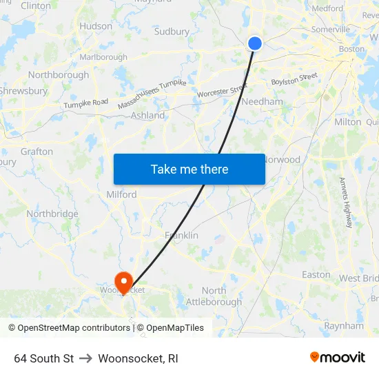 64 South St to Woonsocket, RI map