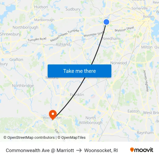 Commonwealth Ave @ Marriott to Woonsocket, RI map