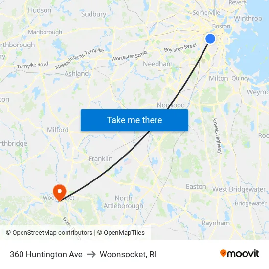 360 Huntington Ave to Woonsocket, RI map