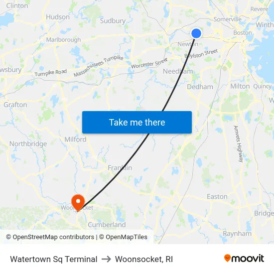 Watertown Sq Terminal to Woonsocket, RI map