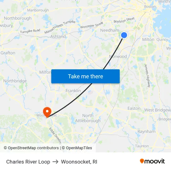 Charles River Loop to Woonsocket, RI map