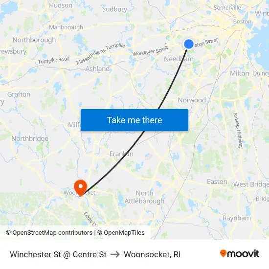 Winchester St @ Centre St to Woonsocket, RI map