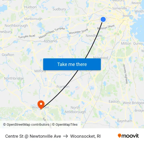 Centre St @ Newtonville Ave to Woonsocket, RI map