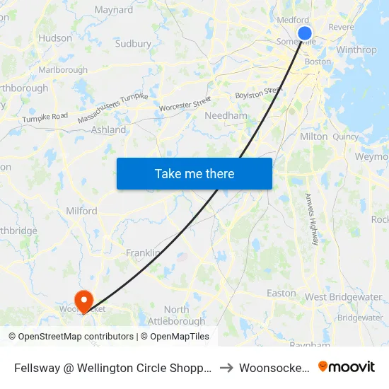 Fellsway @ Wellington Circle Shopping Ctr to Woonsocket, RI map