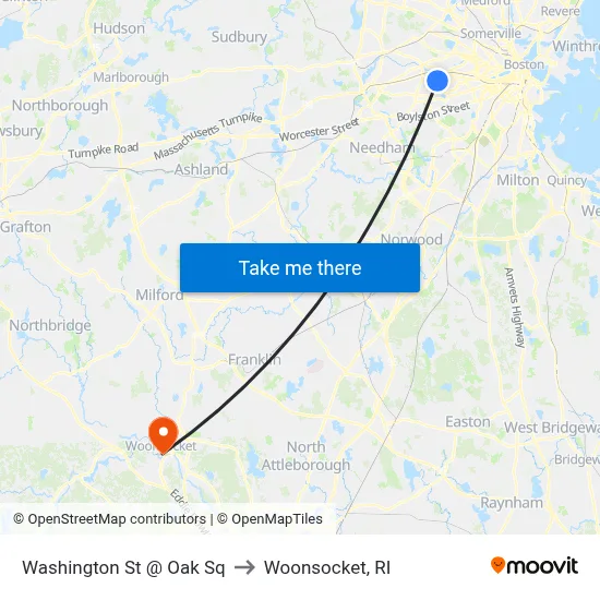 Washington St @ Oak Sq to Woonsocket, RI map