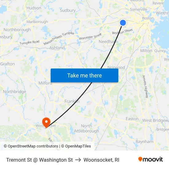 Tremont St @ Washington St to Woonsocket, RI map