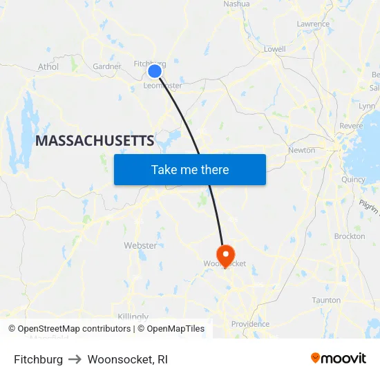 Fitchburg to Woonsocket, RI map